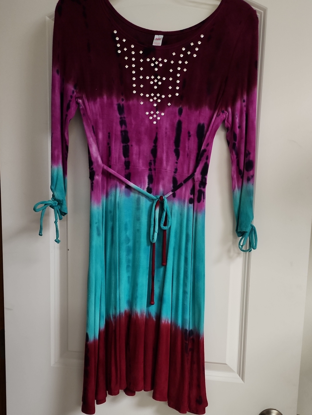 Justice Girls Boho Studded Tie Dye Fit & Flare Dress Sz 14 Purple Teal